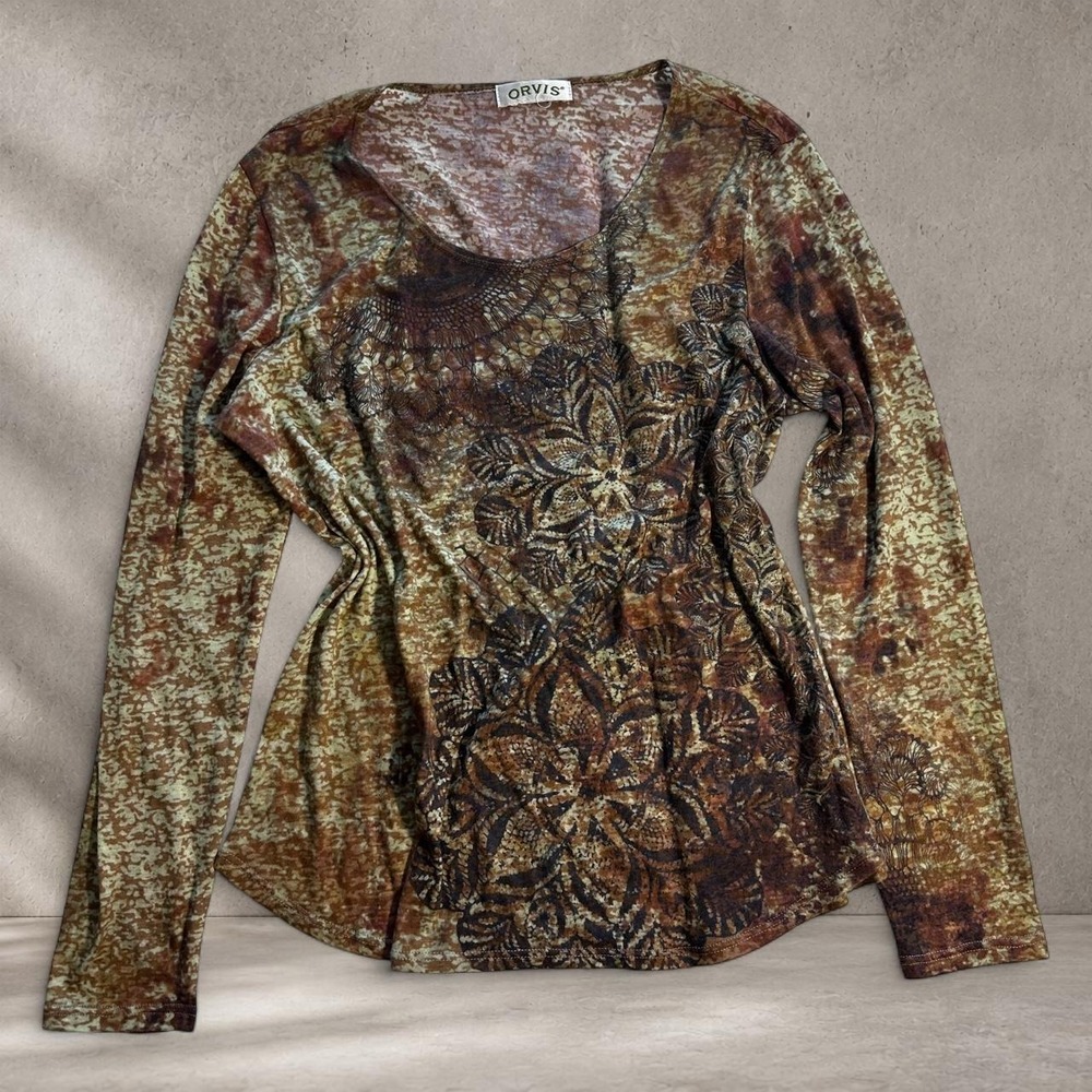 Y2K Orvis brown and beige floral print long sleeve top